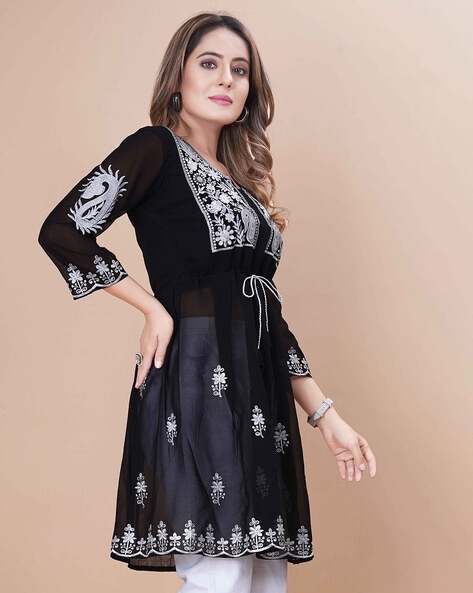 Floral printed black muslin cotton long kurti - G3-WKU02099 | G3fashion.com