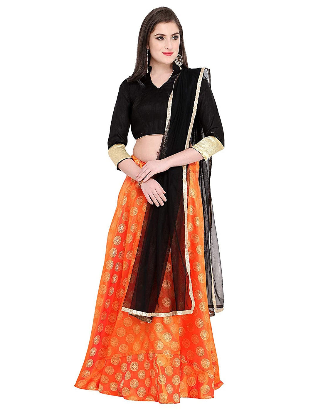 POCHAMPALLY IKAT BLACK WITH ORANGE COLOR LEHENGA – pochampallysarees.com