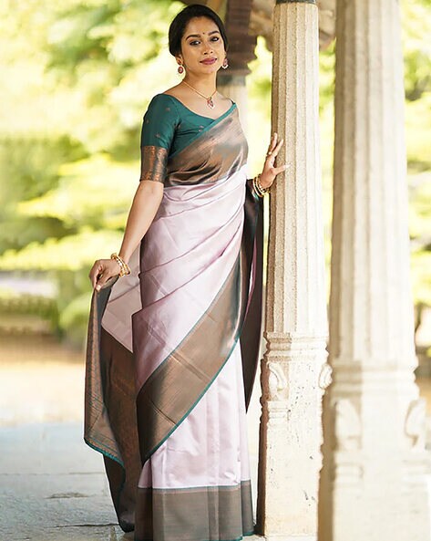 Traditional Silk Saree With Contrast Blouse & Embellished Border- grey &  beige colour – Vpnam