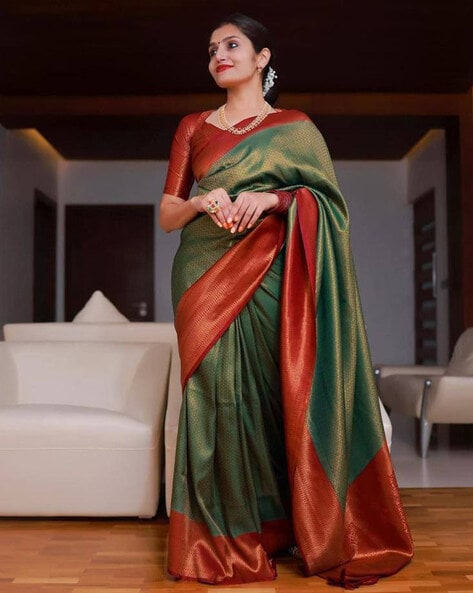 Maroon with Green Border Semi Soft Silk Saree-VS25