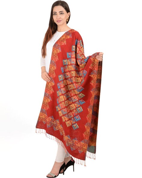Women Geometric Woven Stole with Tassels Price in India