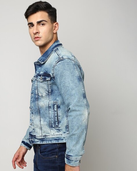 Buy Men's Blue Washed Hooded Denim Jacket Online at Bewakoof