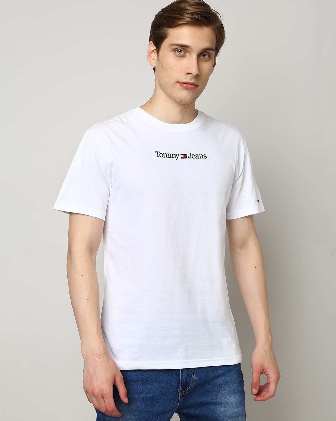 TOMMY HILFIGER Regular Fit Brand Embroidered Crew-Neck T-Shirt For Men (White, S)