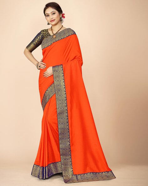 Bright Orange Saree With Bright Orange Border - Sri Kumaran Stores