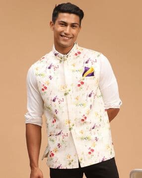 vastramay Floral Print Nehru Jacket with Insert Pockets-picture-20
