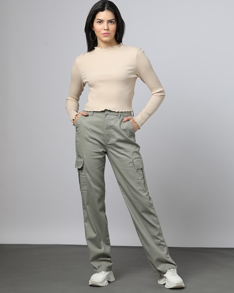 Buy Styli Olive Straight Fit High Rise Cargos for Women's Online @ Tata CLiQ