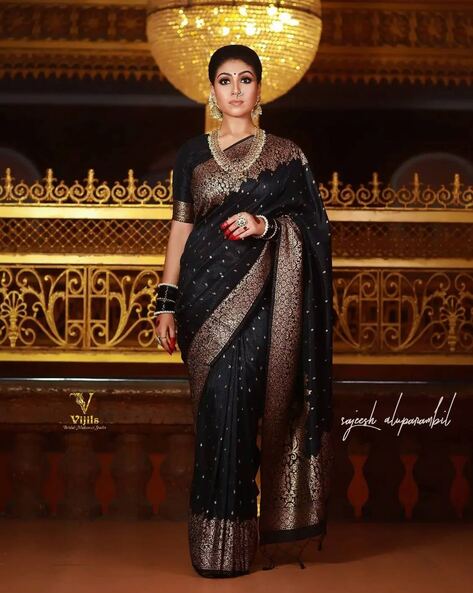 Solid Plain Kanjivaram Pure Silk Saree(Black) By Saree Vale