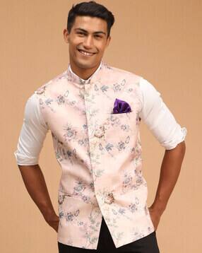 vastramay Floral Print Nehru Jacket with Insert Pockets-picture-33