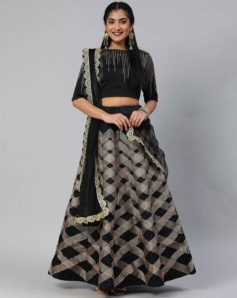 Handwoven Black Banarasi Lehenga with Velvet Blouse and Silk Organza D –  WeaverStory