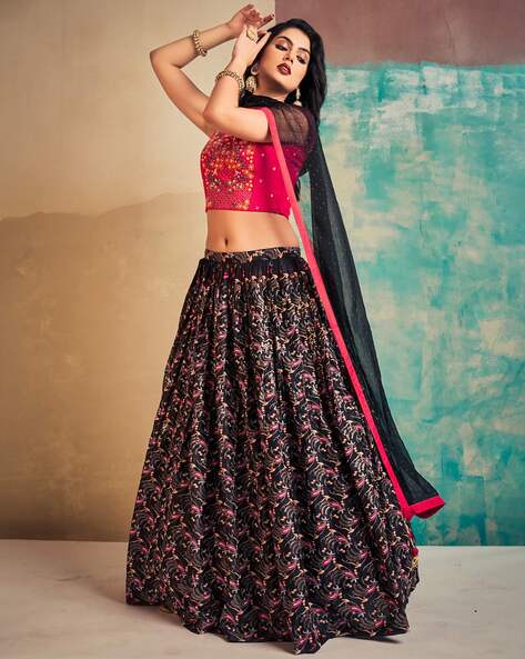 Navaratri Special Multi Black Butter Silk Lace Work Lehenga Choli