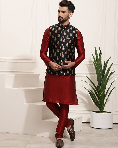 Red and Maroon color Silk fabric Kurta Pyjama with Jacket : 1623366