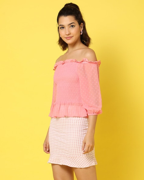 Pink smocked off the shoulder top online