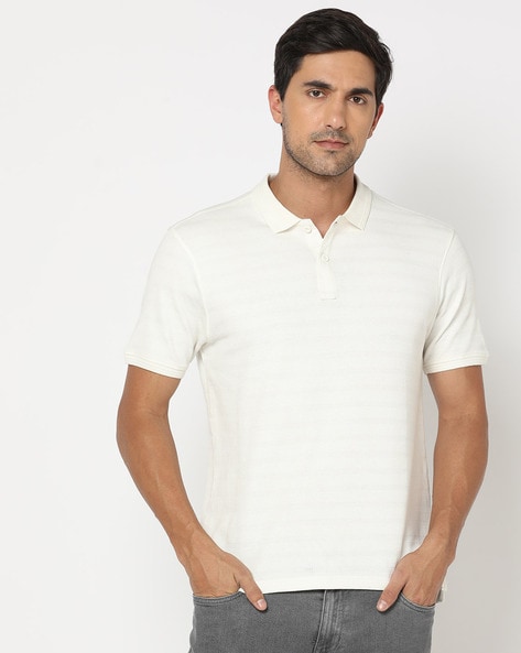 Men White Stripe Polo Neck T-shirt