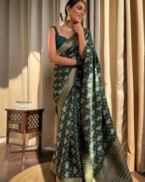 DARK GREEN PURE SOFT SILK SAREE WITH MOIETY BLOUSE PIECE (EARTH) – Sareeko