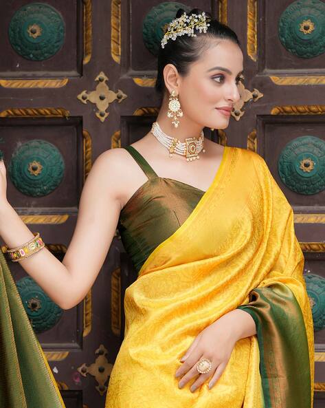 Sunshine Yellow Organza Saree with Sage Green Blouse | WaliaJones