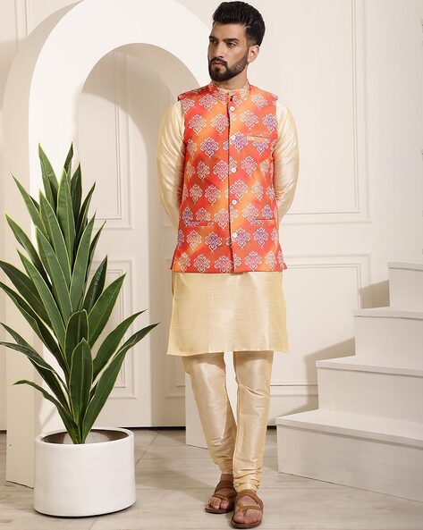 Woven Art Silk Kurta Jacket Set in Light Orange and Off White in 2023 |  Peach jacket, Stylish dresses, Indian ethnic wear