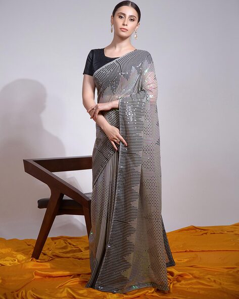 Buy Grey Sarees for Women by SATRANI Online