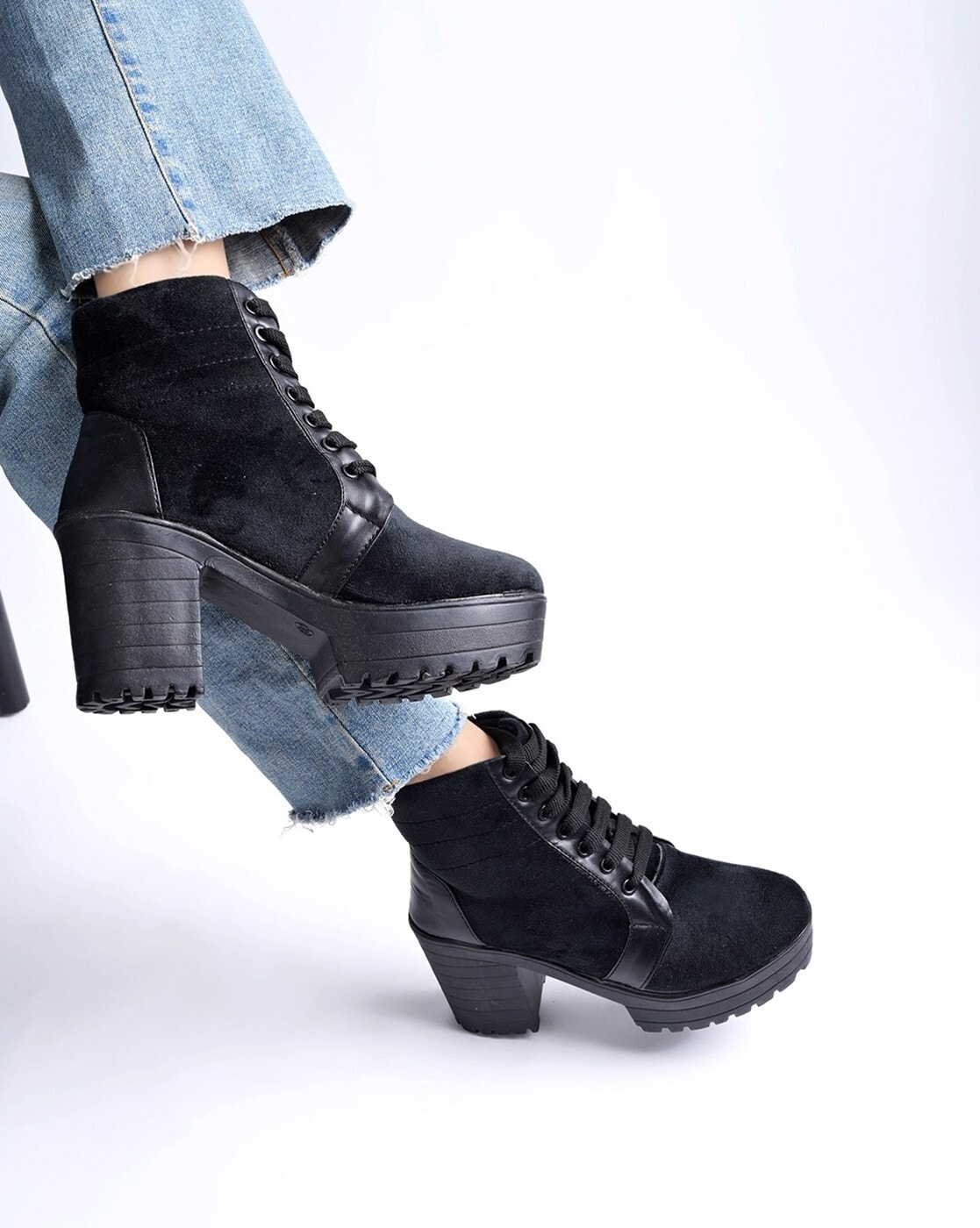 Military Round Toe Block Heel Lug Sole Lace Up Combat Boots - Black –  Trendy & Unique