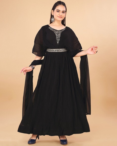 Buy Black Sequin Fabric Embroidery V Neck Slit Gown For Women by Monisha  Jaising Online at Aza Fashions.