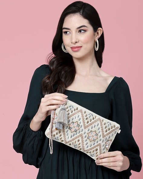 Buy Beige Printed Calendula Bead Embellished Sling Bag by The Garnish  Company Online at Aza Fashions.