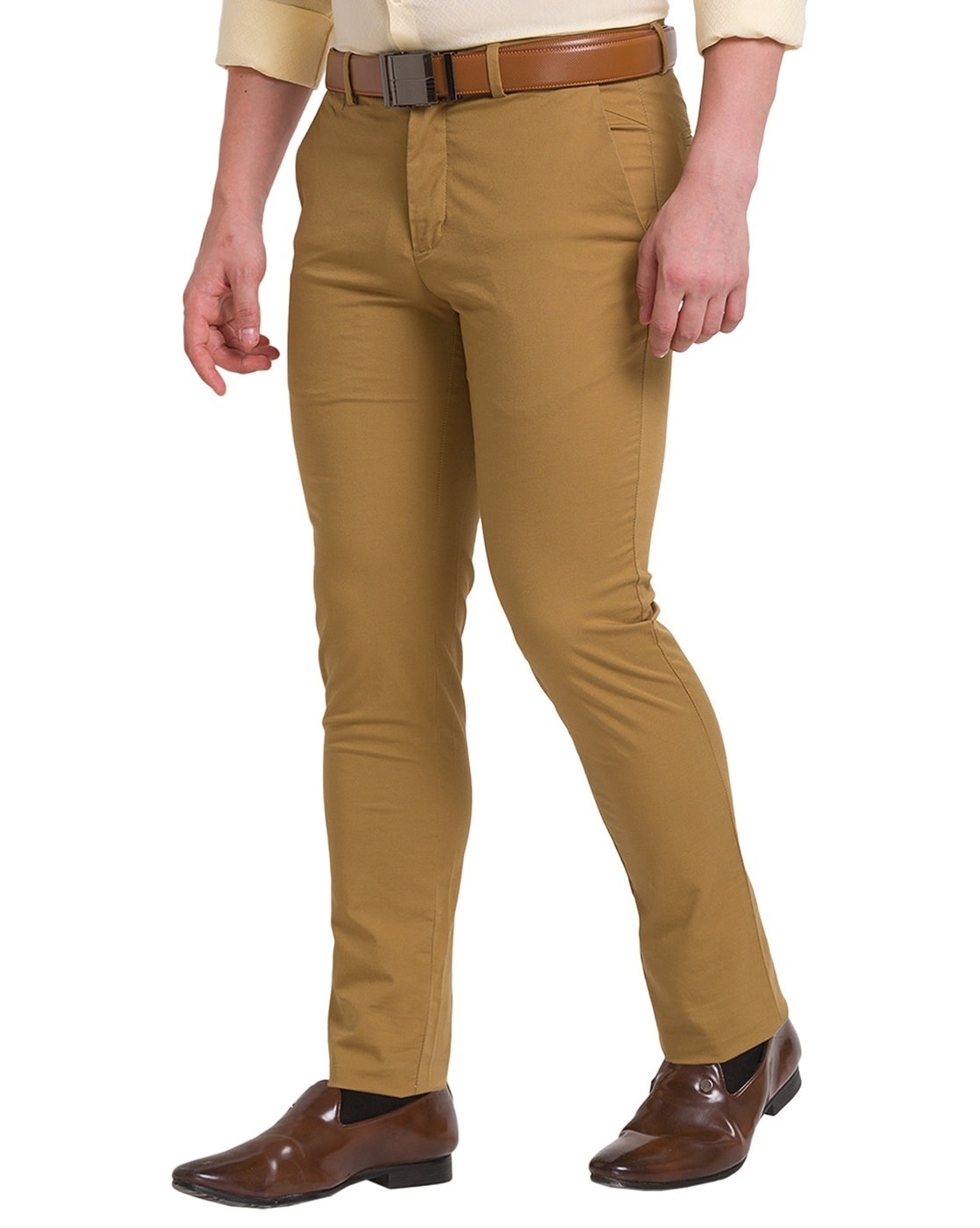 Buy JadeBlue Mens 100% Cotton Solid Khaki Slim Fit Casual Trousers online