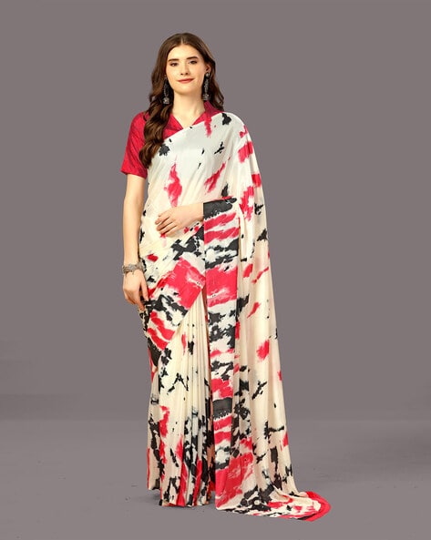 Multi Hued Printed Satin Silk Saree With Ajrakh Print – Cherrypick