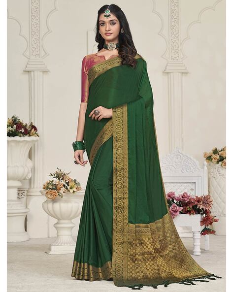 Emerald Green Woven Silk Saree With Golden Border – Zari Banaras