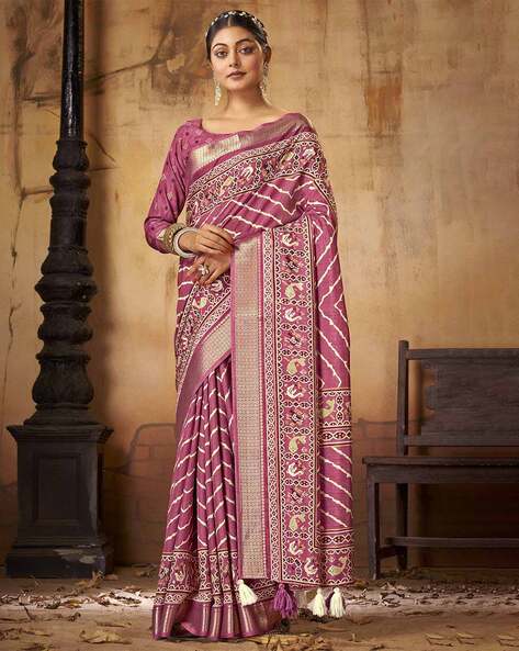 Buy PRIYANKA RAAJIV Janki Dark Mauve - Silk Saree with Floral & Textured  Border with Unstitched Blouse online