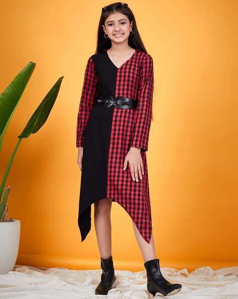 Peach with Black Print Knee Length Casual Frock for Girls with Belt –  Seasons Chennai