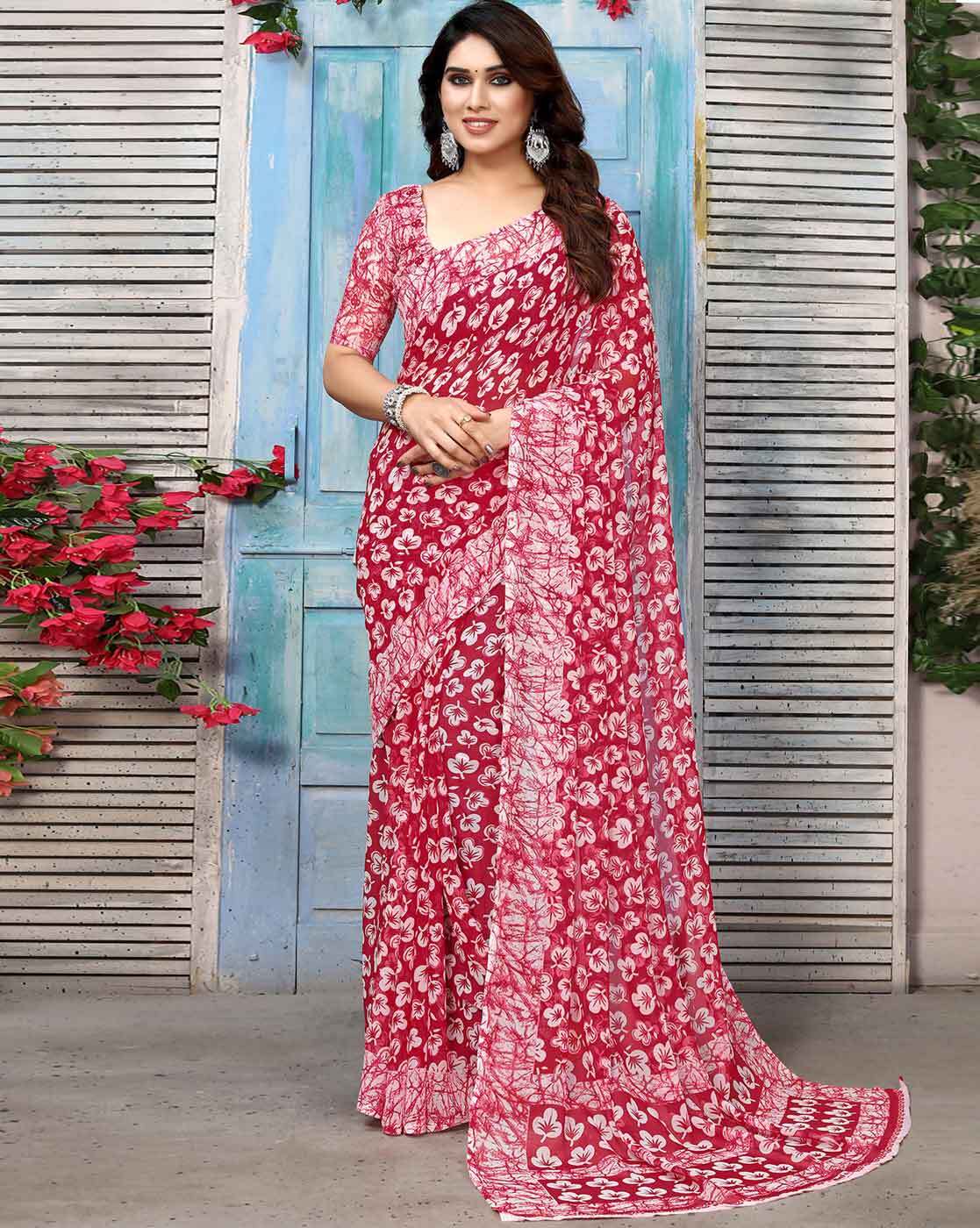 Buy Majestic Pink Floral Printed Organza Saree With Blouse - Zeel Clothing