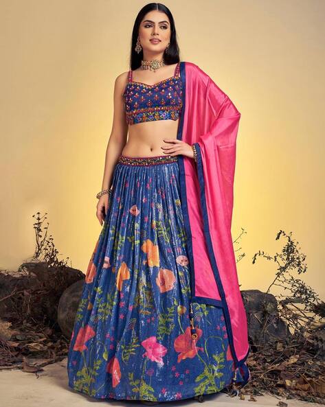 Buy Navy Blue and Pink Banarasi silk Indian wedding lehenga in UK, USA and  Canada