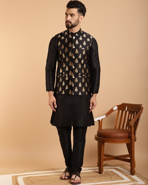 Black kurta hotsell with nehru jacket