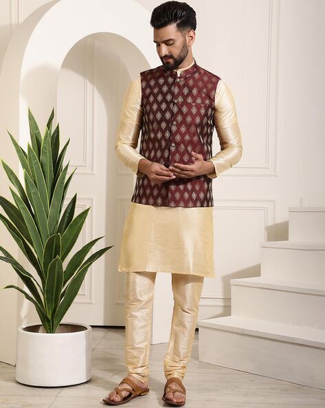 Mens Maroon Color Silk Kurta Pajama with Beige Brocade Modi Jacket –  ShopBollyWear.Com