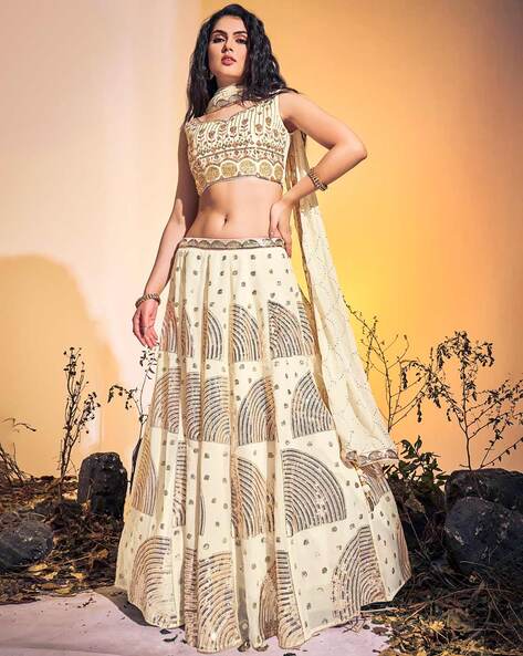 Green Embroidered Silk Blend Semi Stitched Lehenga Choli Wit