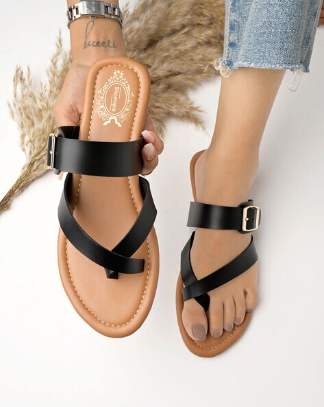 Buy Black & White Flat Sandals for Women by Outryt Online | Ajio.com