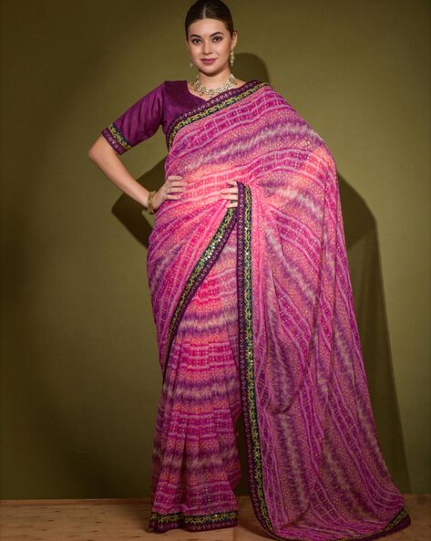 Pink & Purple Golden Zari Embellished Lichi Silk Saree – Cygnus Fashion