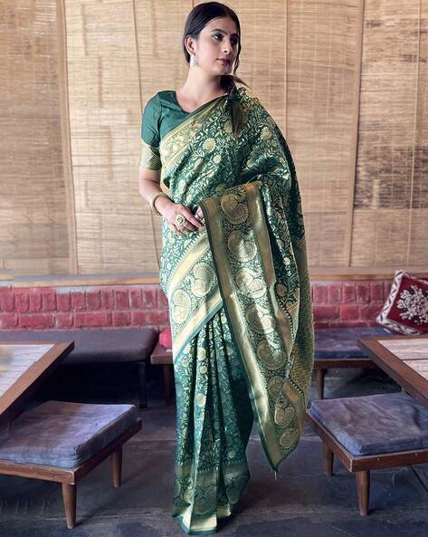 Buy Kishori Women's Tie-Dye Bandhani and Weave Banarasi Saree and Blouse  Fabric (Rama Green) Online at Best Prices in India - JioMart.