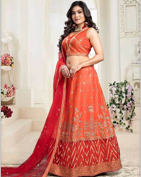 Orange Pure Silk Embroidered Crush Lehenga Set