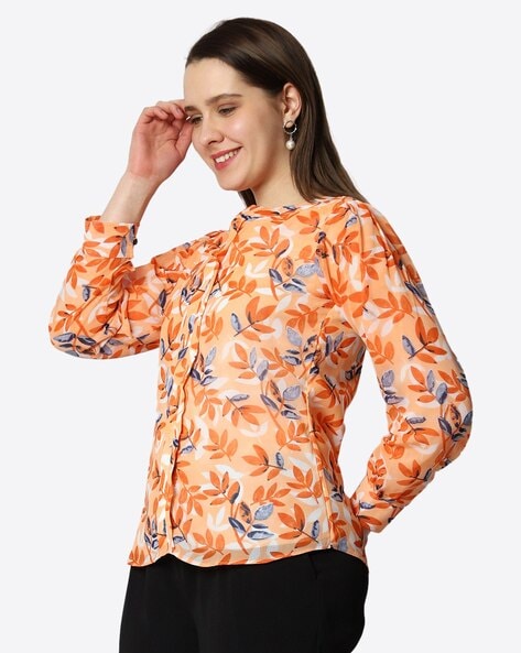 Buy ORANGE FLORAL-PRINT KNOT-TIE BLOUSE for Women Online in India