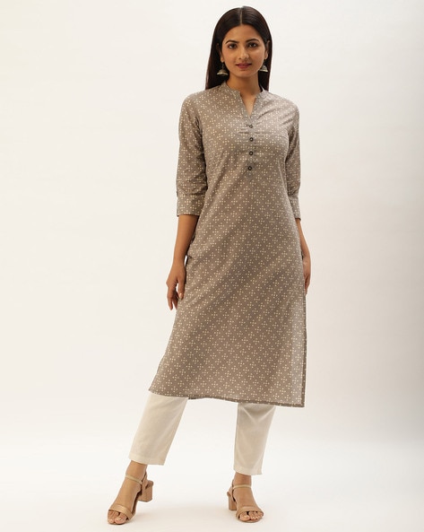 eloria Women's Fashion Solid Kurti In Mandarin Collar Neck Design, Fabric :  Cotton, Color : Grey, Size : Large - Walmart.com