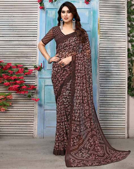 Dark Green Floral Printed Chiffon Saree