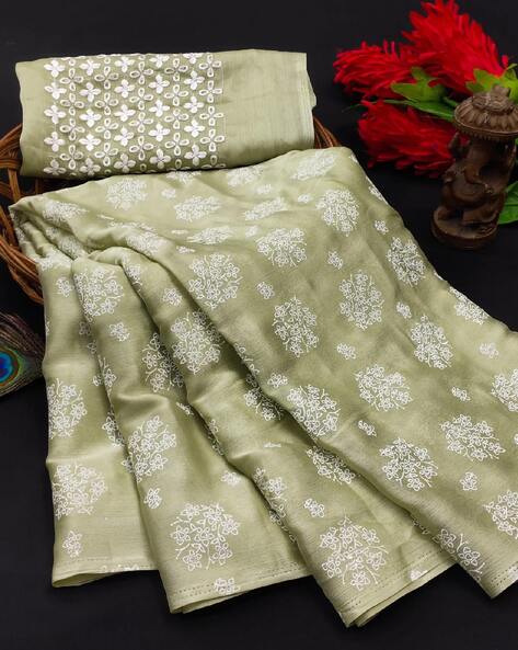 Parrot Green Handloom Khaddi Banarasi Chiffon Saree | Avishya.com