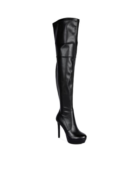 Suede Perforated Trim Chunky Heeled Knee High Boots – style-11128