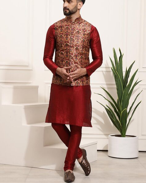 Buy Designer Red Color Kurta Pant Nehru Jacket Online - BluesnGreys