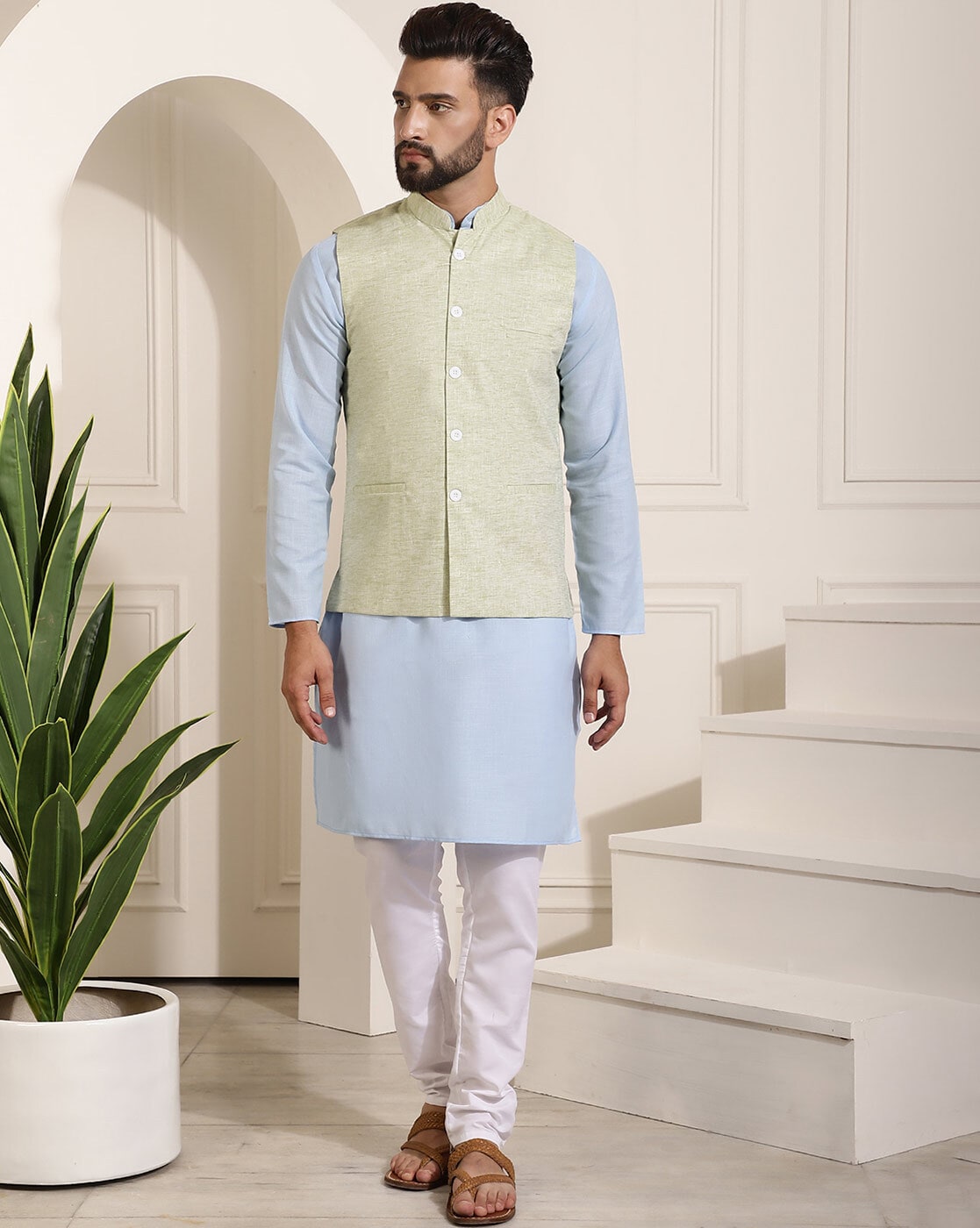 Woven Dupion Silk Kurta Jacket Set in White and Navy Blue : MTX1730