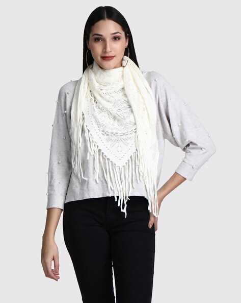 Pointelle-Knit Scarf with Fringes Price in India