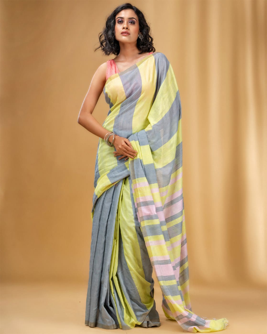 Silk Land Grey & Yellow Woven Saree With Unstitched Blouse