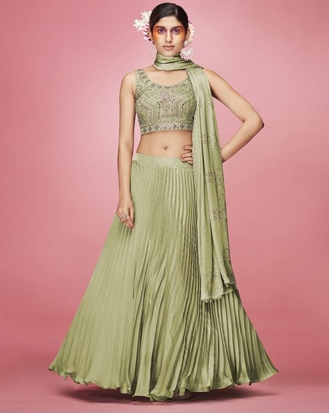 Olive Green Color Party Wear Net Base Designer Lehenga Choli – Fabvilla