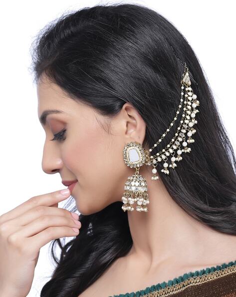 Gold plated Big Kundan Jhumkas with Hair Chains/Kaan Chain Earrings Brass