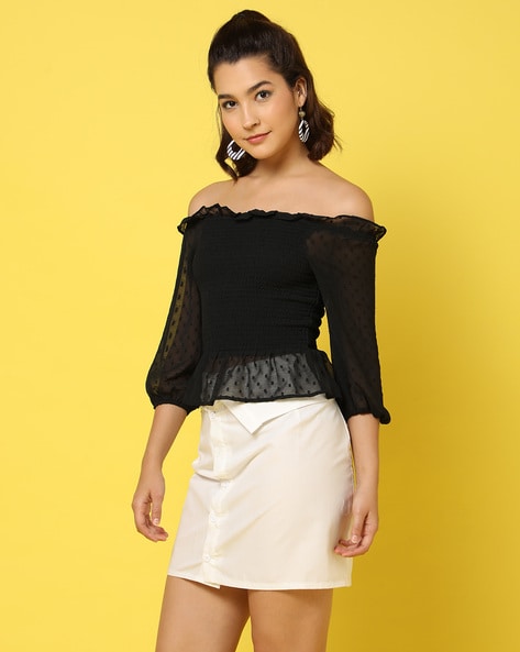 Black smocked off store the shoulder top